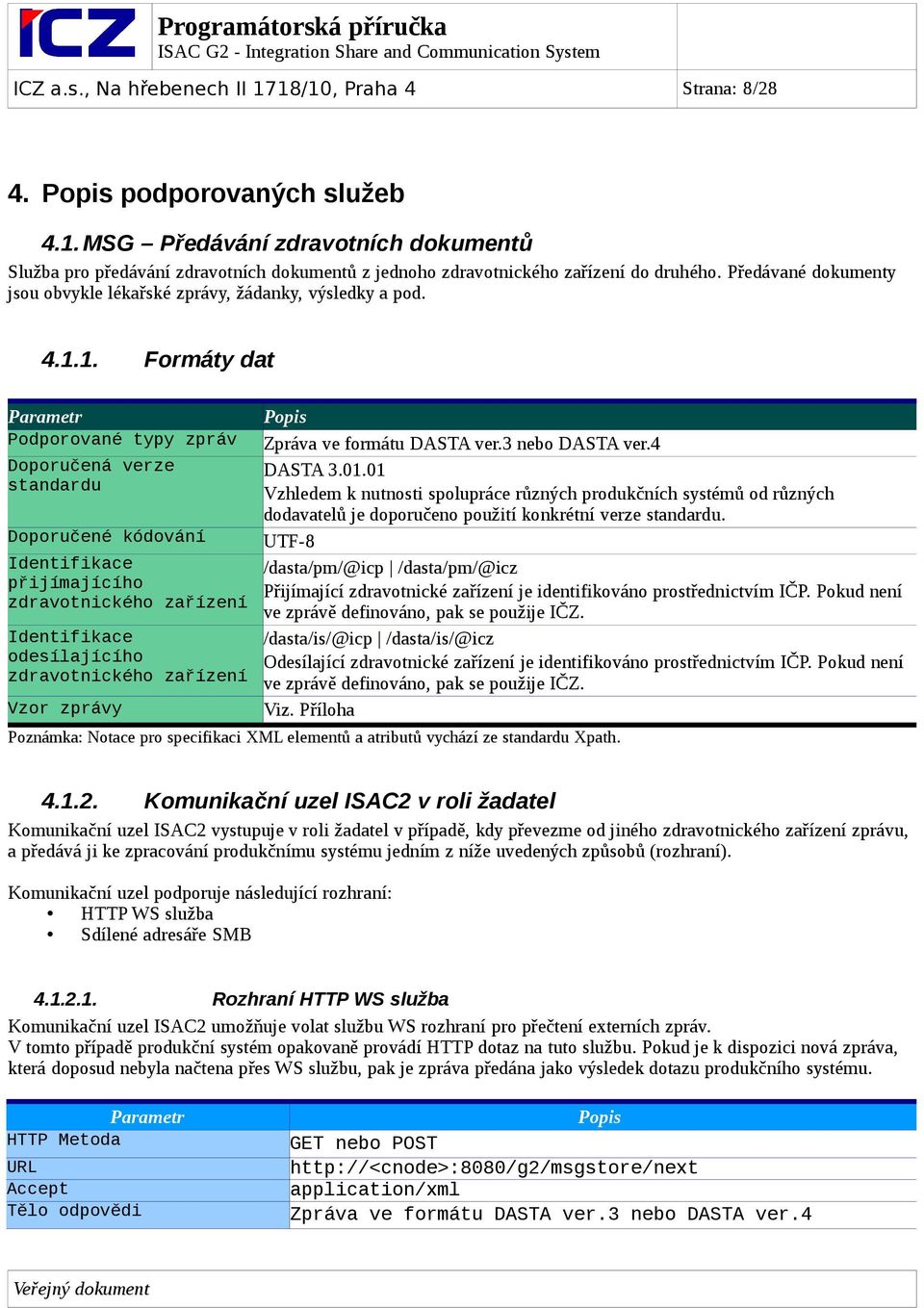 1. Formáty dat Parametr Podporované typy zpráv Doporučená verze standardu Doporučené kódování Identifikace přijímajícího zdravotnického zařízení Identifikace odesílajícího zdravotnického zařízení