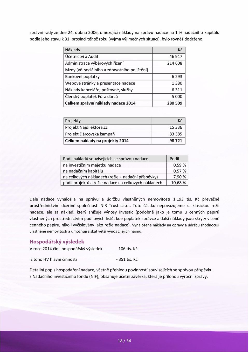 sociálního a zdravotního pojištění) Bankovní poplatky 6 293 Webové stránky a presentace nadace 1 380 Náklady kanceláře, poštovné, služby 6 311 Členský poplatek Fóra dárců 5 000 správní náklady nadace