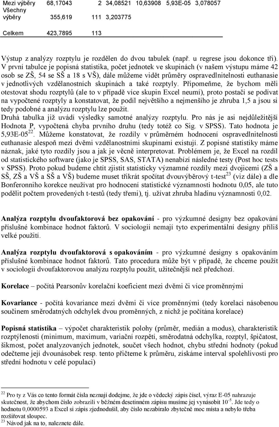 V první tabulce je popisná statistika, počet jednotek ve skupinách (v našem výstupu máme 42 osob se ZŠ, 54 se SŠ a 18 s VŠ), dále můžeme vidět průměry ospravedlnitelnosti euthanasie v jednotlivých