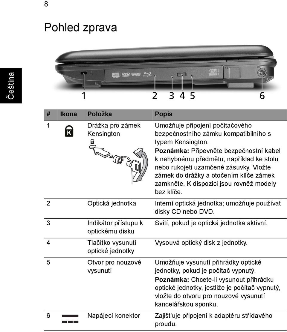 K dispozici jsou rovněž modely bez klíče. 2 Optická jednotka Interní optická jednotka; umožňuje používat disky CD nebo DVD.