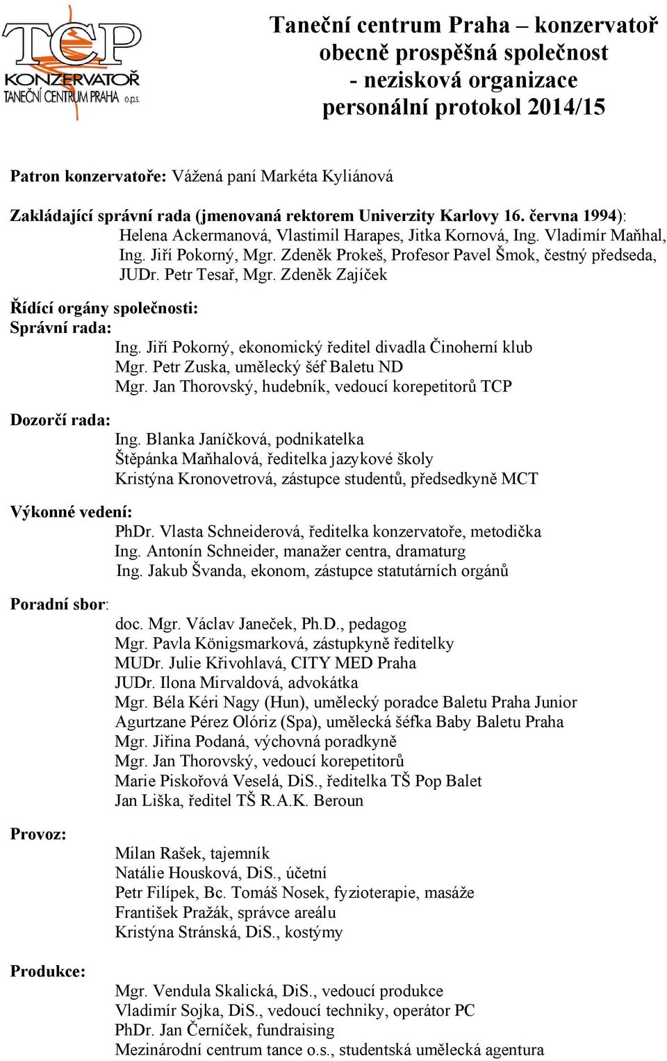 Zdeněk Prokeš, Profesor Pavel Šmok, čestný předseda, JUDr. Petr Tesař, Mgr. Zdeněk Zajíček Řídící orgány společnosti: Správní rada: Ing. Jiří Pokorný, ekonomický ředitel divadla Činoherní klub Mgr.