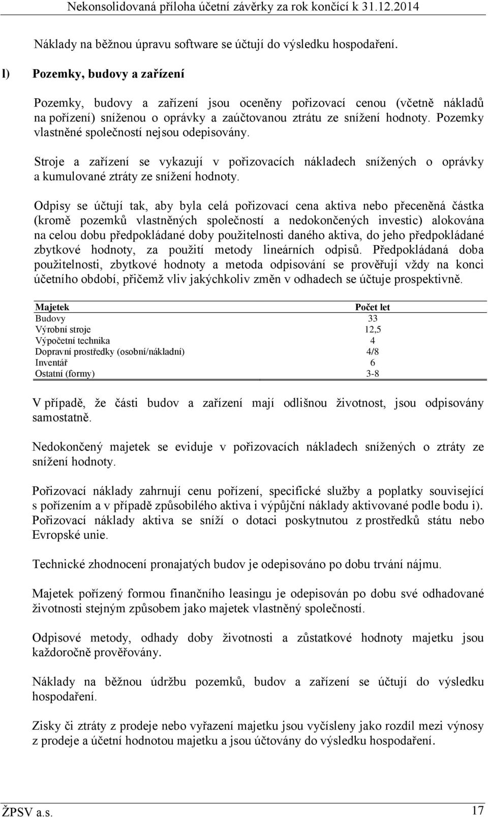 Pozemky vlastněné společností nejsou odepisovány. Stroje a zařízení se vykazují v pořizovacích nákladech snížených o oprávky a kumulované ztráty ze snížení hodnoty.