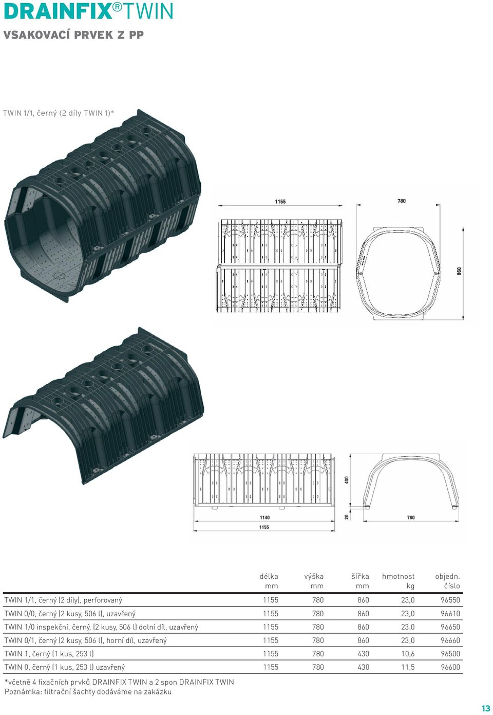 kusy, 506 l) dolní díl, uzavřený 1155 780 860 23,0 96650 TWIN 0/1, černý (2 kusy, 506 l), horní díl, uzavřený 1155 780 860 23,0 96660 TWIN 1, černý (1 kus, 253 l)