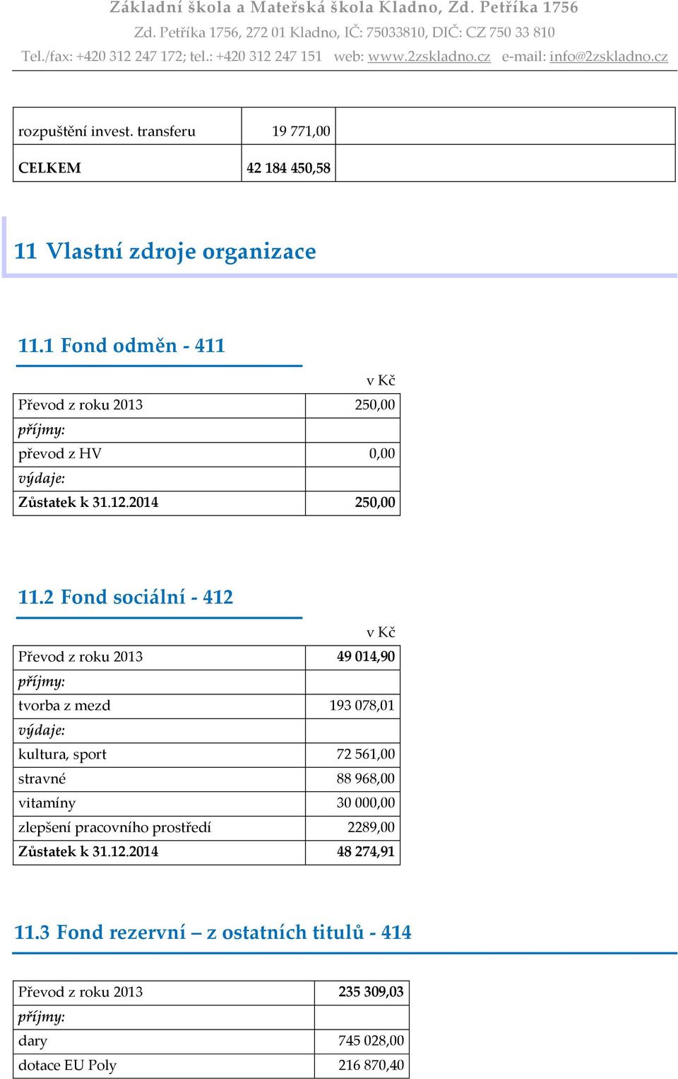 2 Fond sociální - 412 v Kč Převod z roku 2013 49 014,90 příjmy: tvorba z mezd 193 078,01 výdaje: kultura, sport 72 561,00 stravné 88 968,00