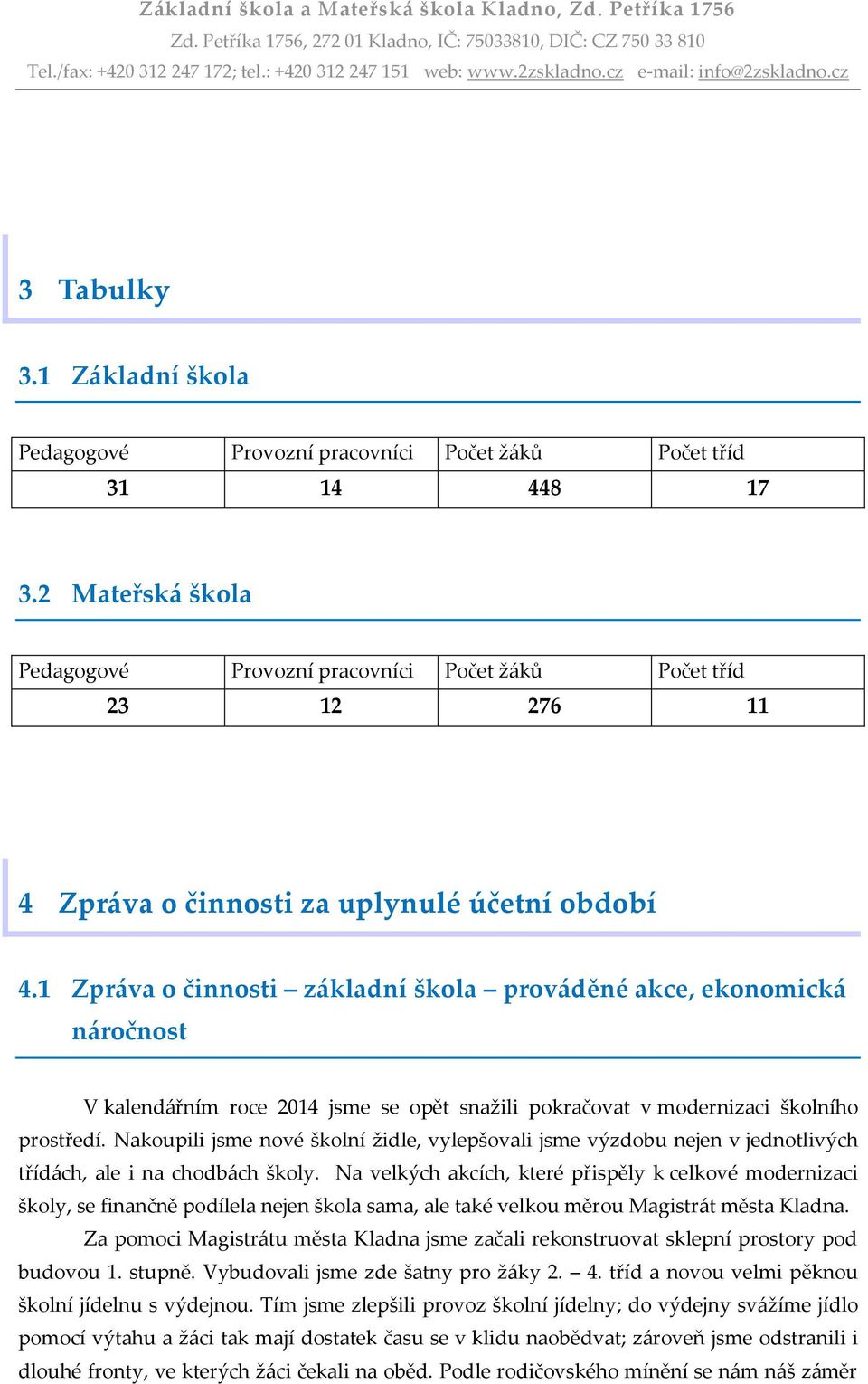 1 Zpráva o činnosti základní škola prováděné akce, ekonomická náročnost V kalendářním roce 2014 jsme se opět snažili pokračovat v modernizaci školního prostředí.