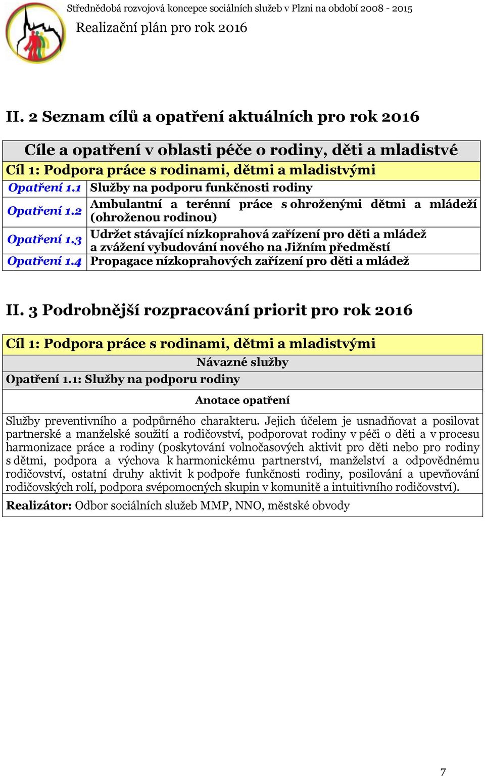 3 Udržet stávající nízkoprahová zařízení pro děti a mládež a zvážení vybudování nového na Jižním předměstí Opatření 1.4 Propagace nízkoprahových zařízení pro děti a mládež II.