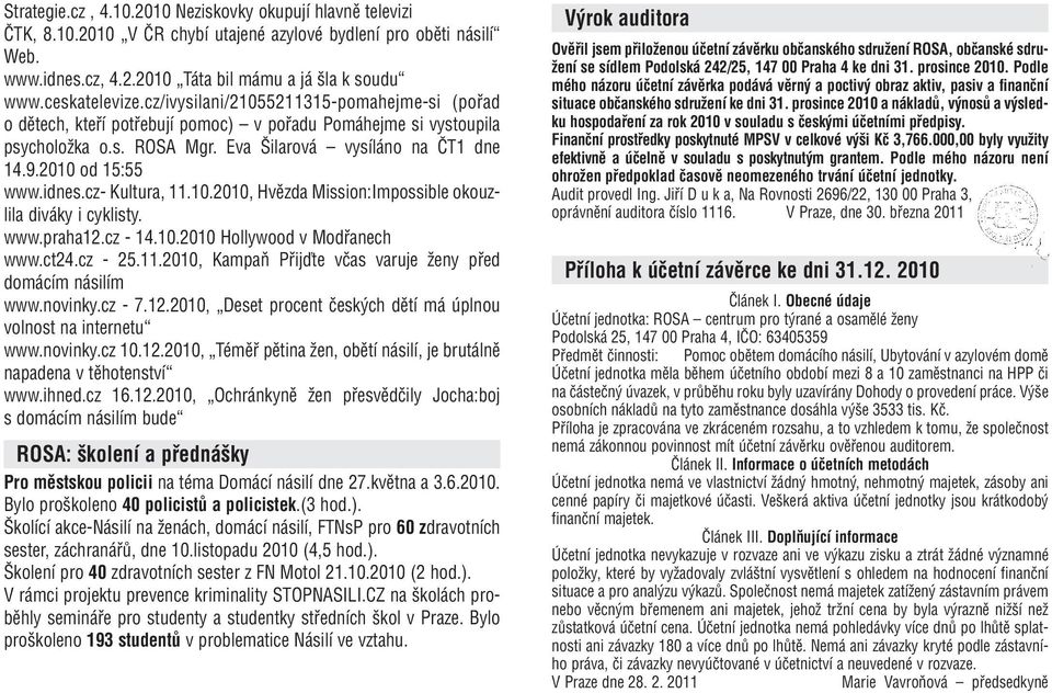 2010 od 15:55 www.idnes.cz- Kultura, 11.10.2010, Hvězda Mission:Impossible okouzlila diváky i cyklisty. www.praha12.cz - 14.10.2010 Hollywood v Modřanech www.ct24.cz - 25.11.2010, Kampaň Přijďte včas varuje ženy před domácím násilím www.