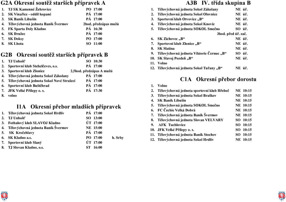 Sportovní klub Stehelčeves, o.s. PÁ 17:00 3. Sportovní klub Zlonice 2,5hod. předzápas A mužů 4. Tělovýchovná jednota Sokol Zákolany PÁ 17:00 5. Tělovýchovná jednota Sokol Nové Strašecí PÁ 17:00 6.