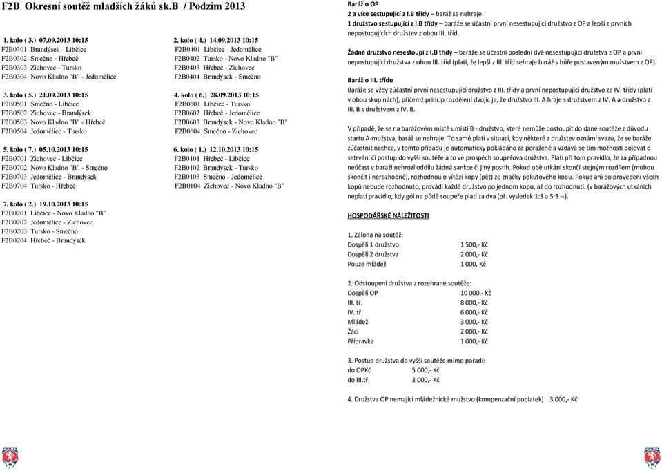 2013 10:15 F2B0301 Brandýsek - Libčice F2B0401 Libčice - Jedomělice F2B0302 Smečno - Hřebeč F2B0402 Tursko - Novo Kladno "B" F2B0303 Zichovec - Tursko F2B0403 Hřebeč - Zichovec F2B0304 Novo Kladno