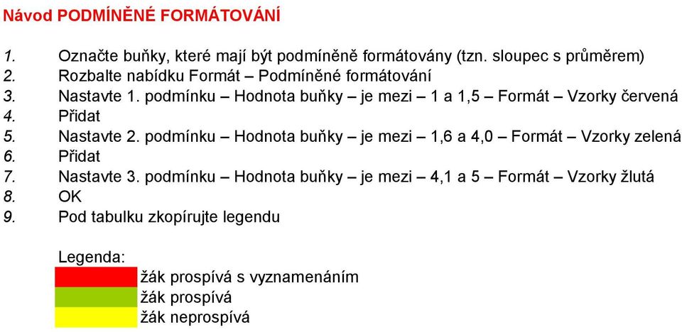 Přidat 5. Nastavte 2. podmínku Hodnota buňky je mezi 1,6 a 4,0 Formát Vzorky zelená 6. Přidat 7. Nastavte 3.