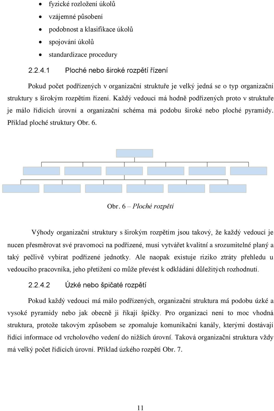 Každý vedoucí má hodně podřízených proto v struktuře je málo řídících úrovní a organizační schéma má podobu široké nebo ploché pyramidy. Příklad ploché struktury Obr.