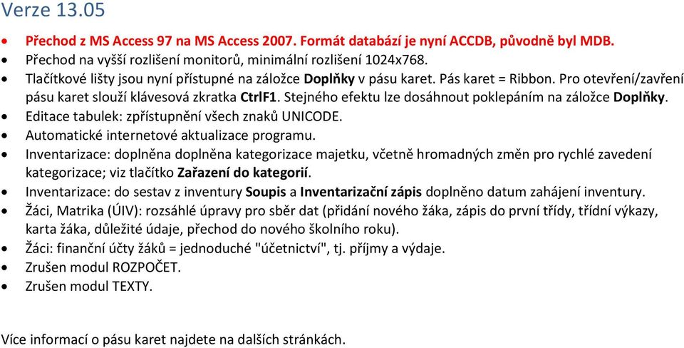 Stejného efektu lze dosáhnout poklepáním na záložce Doplňky. Editace tabulek: zpřístupnění všech znaků UNICODE. Automatické internetové aktualizace programu.