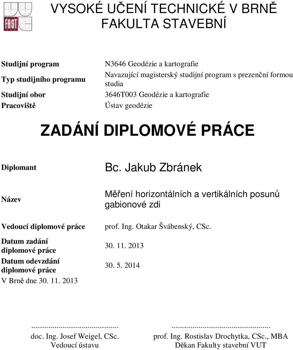 Jakub Zbránek Název Vedoucí diplomové práce Datum zadání diplomové práce Datum odevzdání diplomové práce V Brně dne 30. 11.