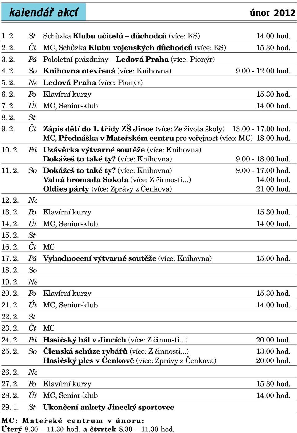 třídy ZŠ Jince (více: Ze života školy) 13.00-17.00 hod. MC, Přednáška v Mateřském centru pro veřejnost (více: MC) 18.00 hod. 10. 2. Pá Uzávěrka výtvarné soutěže (více: Knihovna) Dokážeš to také ty?