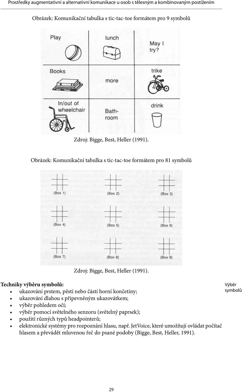 Techniky výběru symbolů: ukazování prstem, pěstí nebo částí horní končetiny; ukazování dlahou s připevněným ukazovátkem; výběr pohledem očí; výběr pomocí