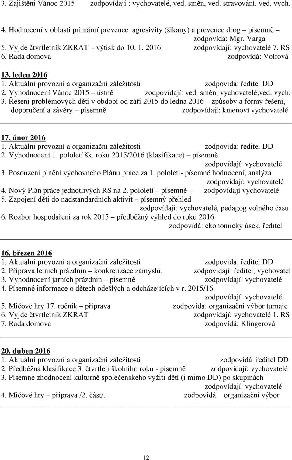 Vyhodnocení Vánoc 2015 ústně zodpovídají: ved. směn, vychovatelé,ved. vych. 3.