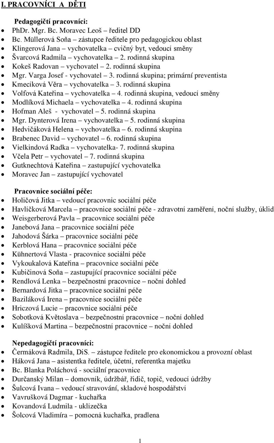 rodinná skupina Mgr. Varga Josef - vychovatel 3. rodinná skupina; primární preventista Kmecíková Věra vychovatelka 3. rodinná skupina Volfová Kateřina vychovatelka 4.