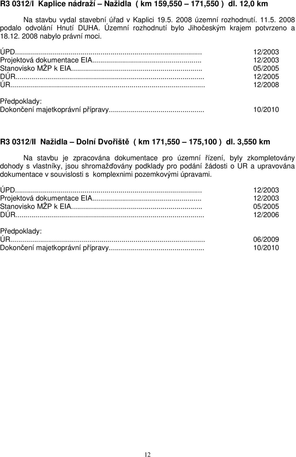 .. 12/2008 Předpoklady: Dokončení majetkoprávní přípravy... 10/2010 R3 0312/II Nažidla Dolní Dvořiště ( km 171,550 175,100 ) dl.