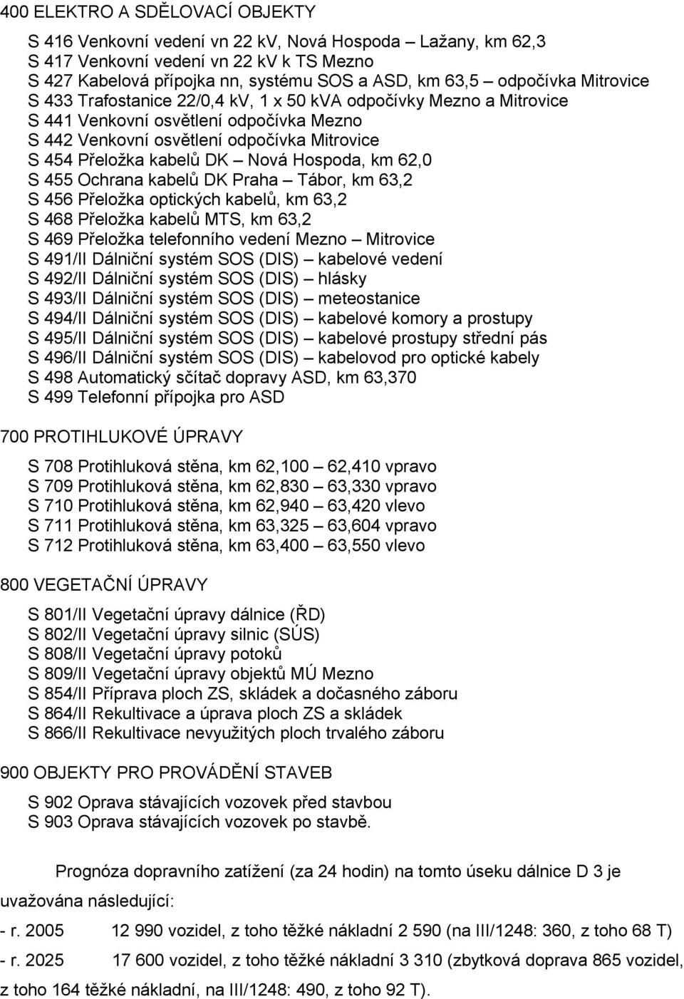 Hospoda, km 62,0 S 455 Ochrana kabelů DK Praha Tábor, km 63,2 S 456 Přeložka optických kabelů, km 63,2 S 468 Přeložka kabelů MTS, km 63,2 S 469 Přeložka telefonního vedení Mezno Mitrovice S 491/II