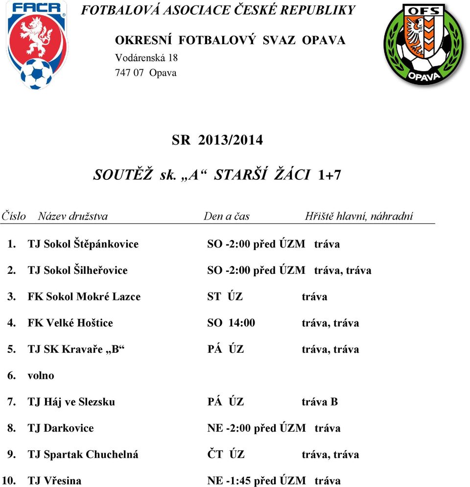 FK Velké Hoštice SO 14:00 tráva, tráva 5. TJ SK Kravaře B PÁ ÚZ tráva, tráva 6. volno 7.