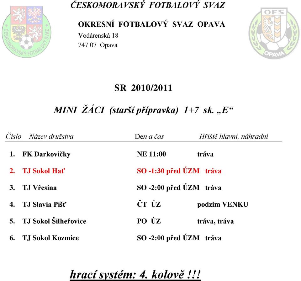 TJ Vřesina SO -2:00 před ÚZM tráva 4. TJ Slavia Píšť ČT ÚZ podzim VENKU 5.