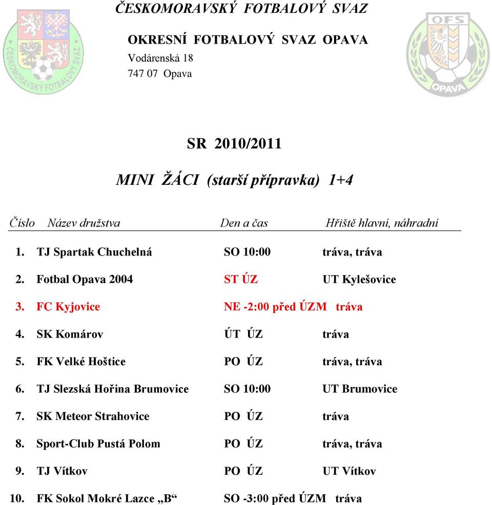 FK Velké Hoštice PO ÚZ tráva, tráva 6. TJ Slezská Hořina Brumovice SO 10:00 UT Brumovice 7.