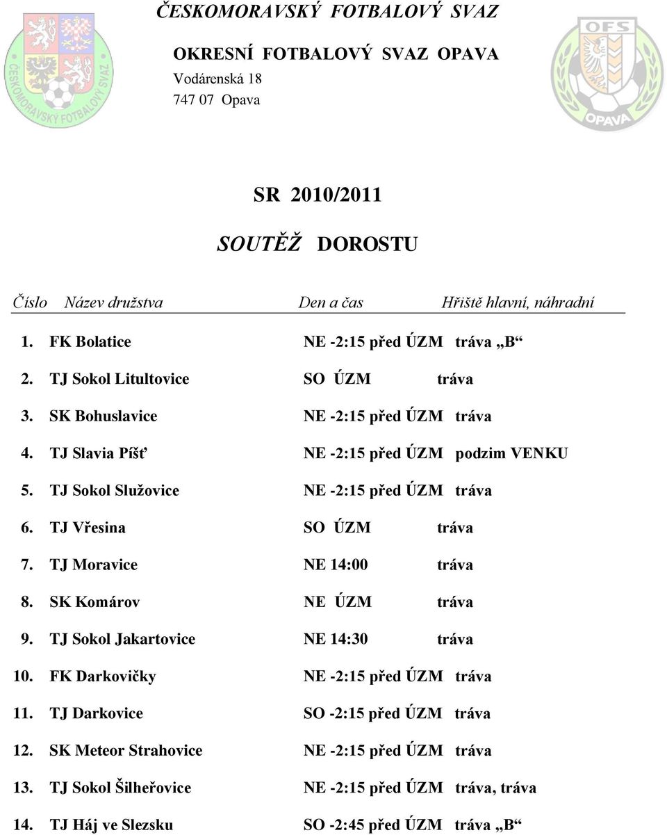 TJ Moravice NE 14:00 tráva 8. SK Komárov NE ÚZM tráva 9. TJ Sokol Jakartovice NE 14:30 tráva 10. FK Darkovičky NE -2:15 před ÚZM tráva 11.