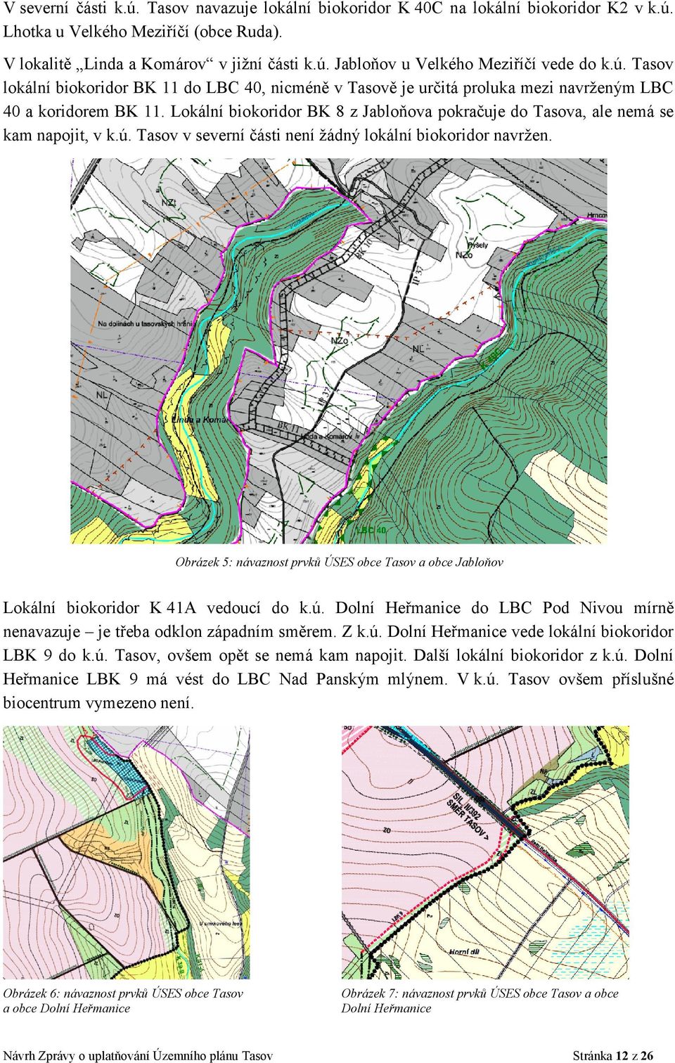 Lokální biokoridor BK 8 z Jabloňova pokračuje do Tasova, ale nemá se kam napojit, v k.ú. Tasov v severní části není žádný lokální biokoridor navržen.