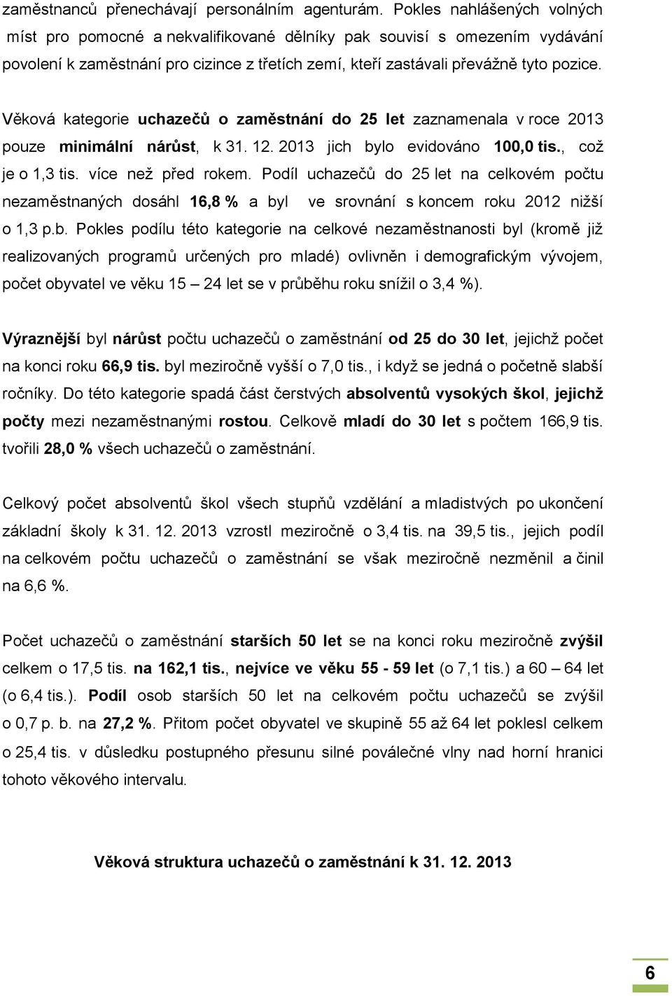 Věková kategorie uchazečů o zaměstnání do 25 let zaznamenala v roce 2013 pouze minimální nárůst, k 31. 12. 2013 jich bylo evidováno 100,0 tis., což je o 1,3 tis. více než před rokem.