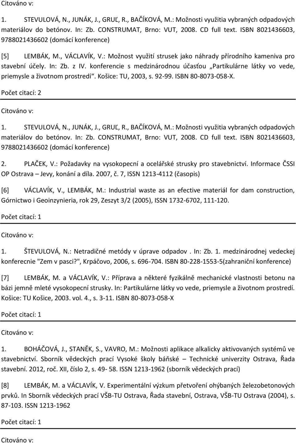 konferencie s medzinárodnou účasťou Partikulárne látky vo vede, priemysle a životnom prostredí. Košice: TU, 2003, s. 92-99. ISBN 80-8073-058-X.  ISBN 8021436603, 9788021436602 (domácí konference) 2.