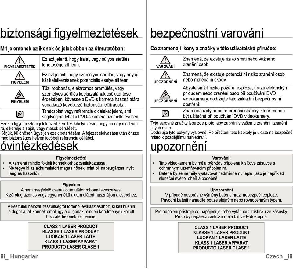 Tűz, robbanás, elektromos áramütés, vagy személyes sérülés kockázatának csökkentése FIGYELEM érdekében, kövesse a DVD-s kamera használatára vonatkozó következő biztonsági előírásokat: Tanácsokat vagy