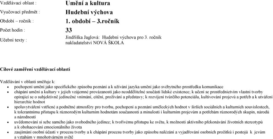 prostředku komunikace chápání umění a kultury v jejich vzájemné provázanosti jako neoddělitelné součásti lidské existence; k učení se prostřednictvím vlastní tvorby opírající se o subjektivně