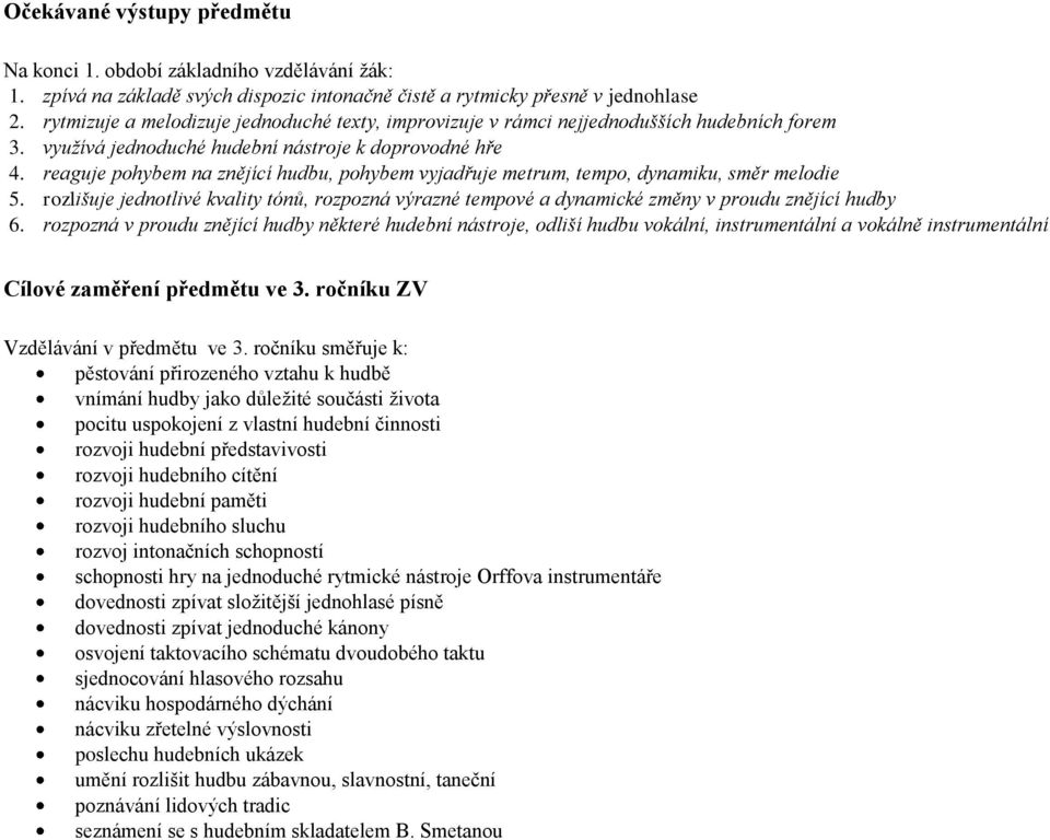 reaguje pohybem na znějící hudbu, pohybem vyjadřuje metrum, tempo, dynamiku, směr melodie 5. rozlišuje jednotlivé kvality tónů, rozpozná výrazné tempové a dynamické změny v proudu znějící hudby 6.