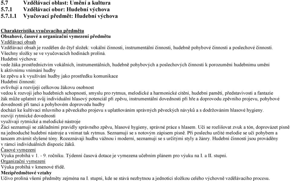 1 Vyučovací předmět: Hudební výchova Charakteristika vyučovacího předmětu Obsahové, časové a organizační vymezení předmětu Vzdělávací obsah Vzdělávací obsah je rozdělen do čtyř složek: vokální