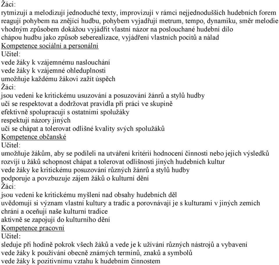 vzájemnému naslouchání vede žáky k vzájemné ohleduplnosti umožňuje každému žákovi zažít úspěch Žáci: jsou vedeni ke kritickému usuzování a posuzování žánrů a stylů hudby učí se respektovat a