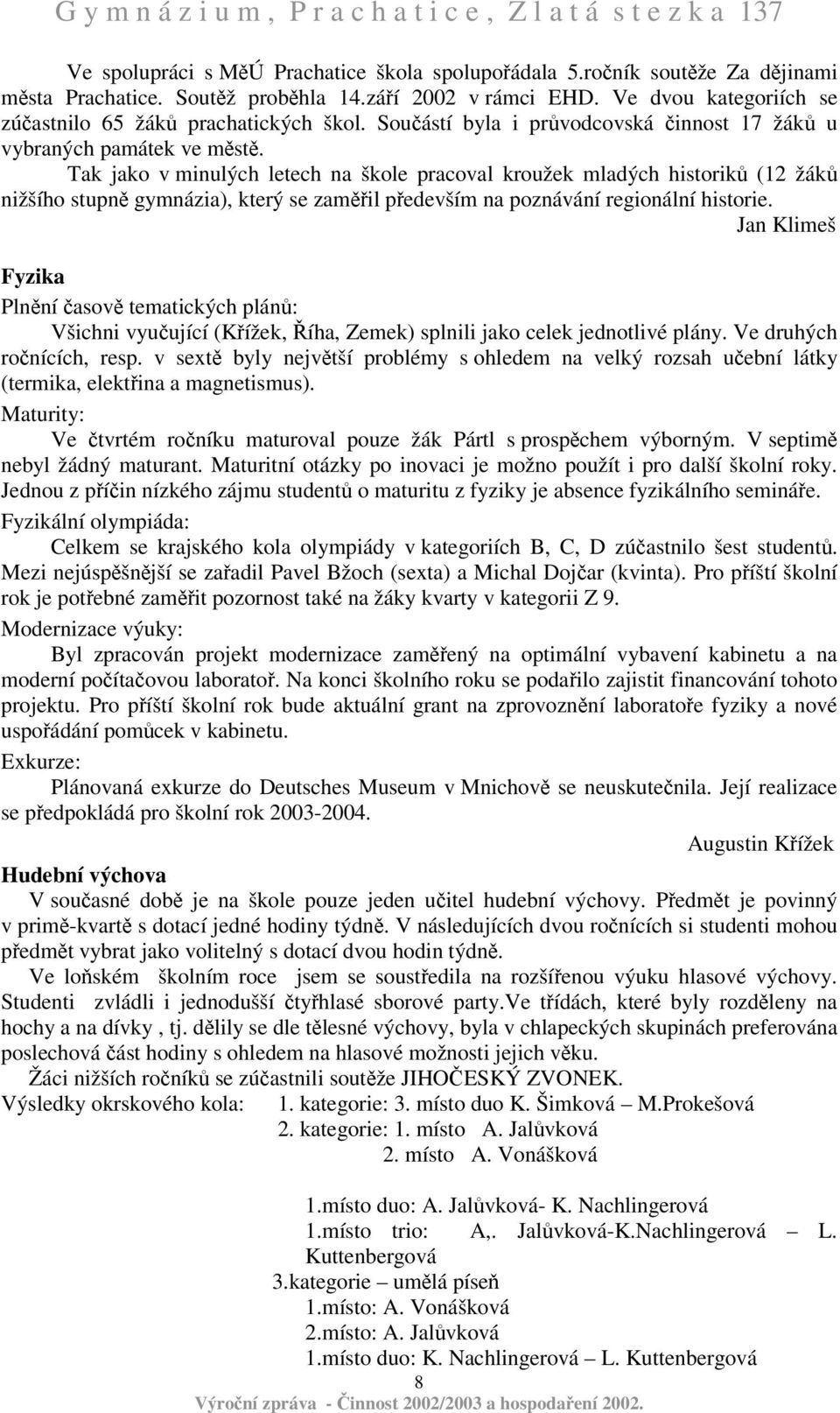 Tak jako v minulých letech na škole pracoval kroužek mladých historik (12 žák nižšího stupn gymnázia), který se zamil pedevším na poznávání regionální historie.