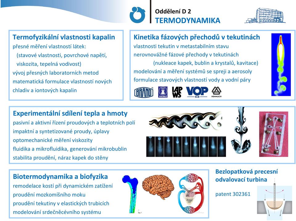 napětí, viskozita, tepelná vodivost) vývoj přesných laboratorních metod matematická formulace vlastností nových chladiv a iontových kapalin Experimentální sdílení tepla a hmoty pasivní a aktivní