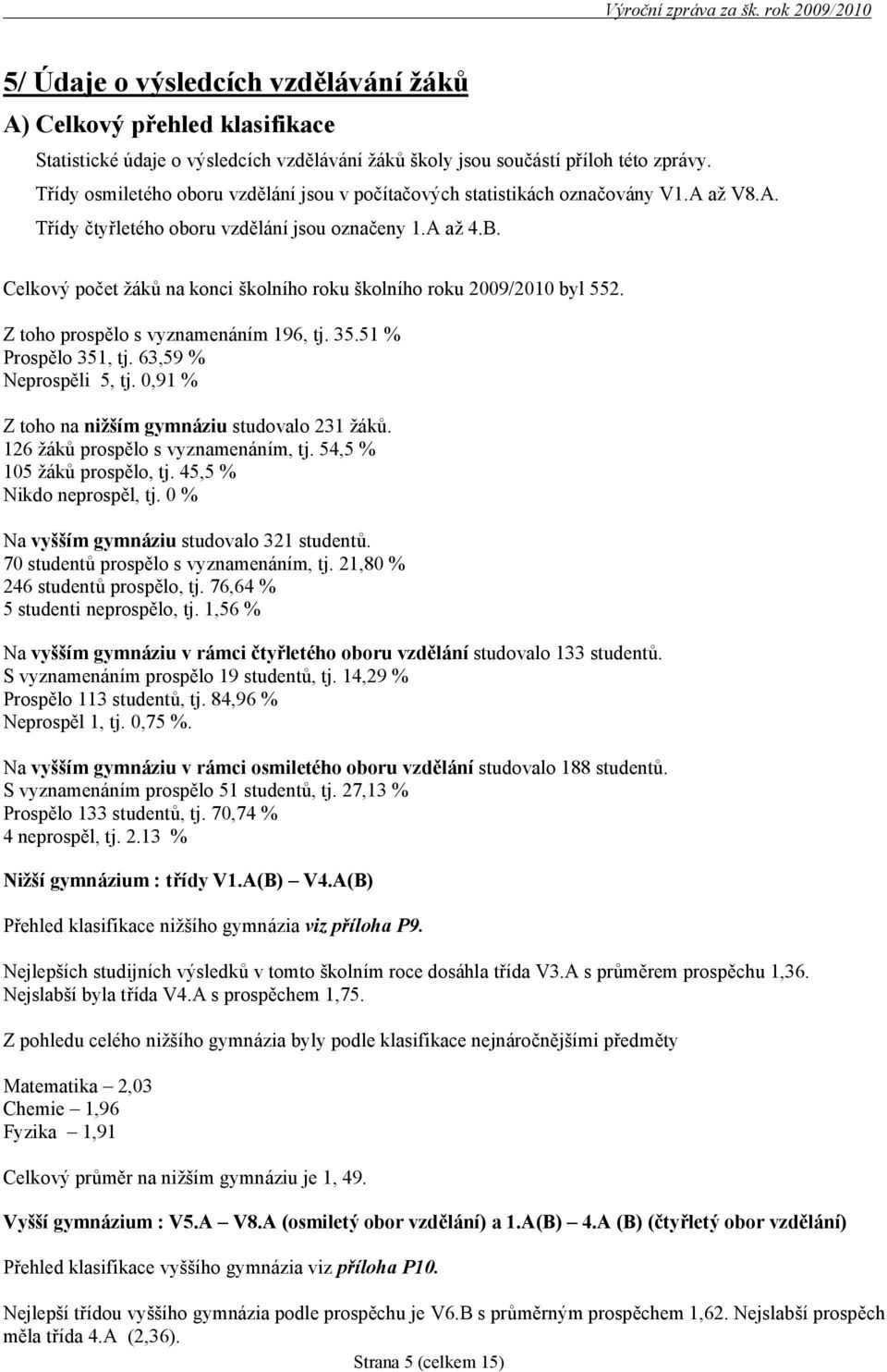 Celkový počet žáků na konci školního roku š kolního roku 2009/2010 byl 552. Z toho prospělo s vyznamenáním 196, tj. 35.51 % Prospělo 351, tj. 63,59 % Neprospěli 5, tj.