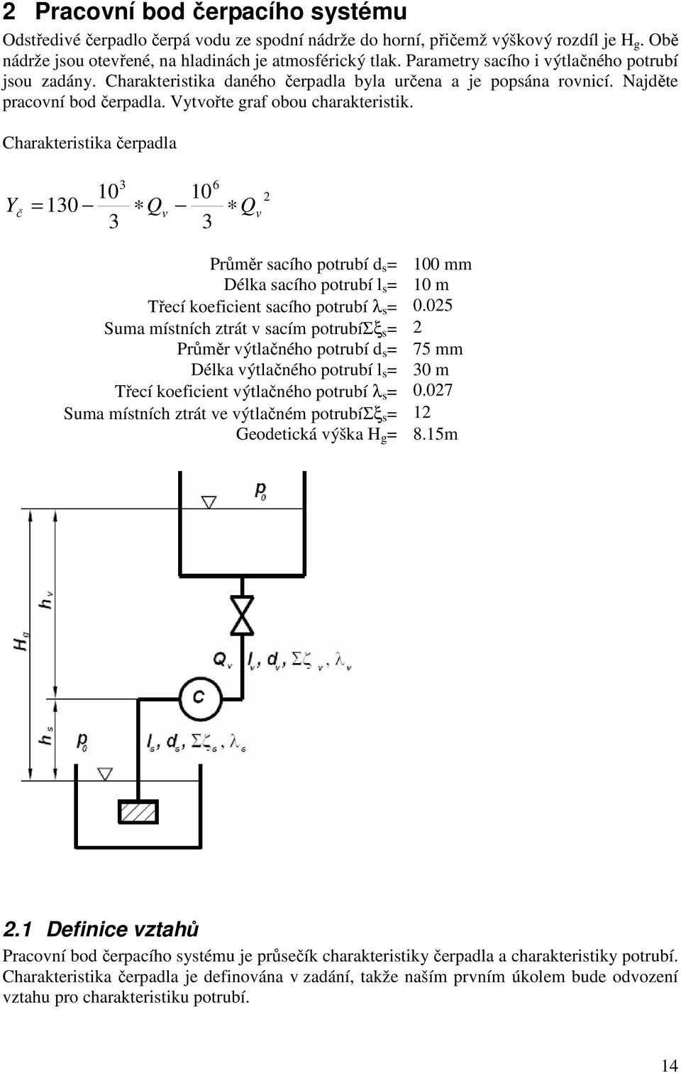 Charakteritika čerpala Y č 3 6 10 10 = 130 Q Q 3 3 Průměr acího potrubí = 100 mm Délka acího potrubí l = 10 m Třecí koeficient acího potrubí λ = 0.