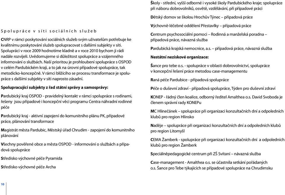 Spolupráci v roce 2009 hodnotíme kladně a v roce 2010 bychom ji rádi nadále rozvíjeli. Uvědomujeme si důležitost spolupráce a vzájemného informování o službách.