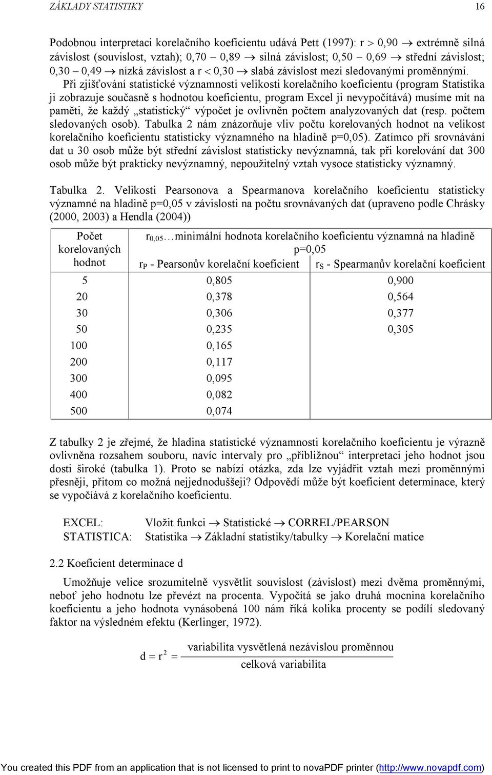 Při zjišťování statistické významnosti velikosti korelačního koeficientu (program Statistika ji zobrazuje současně s hodnotou koeficientu, program Excel ji nevypočítává) musíme mít na paměti, že