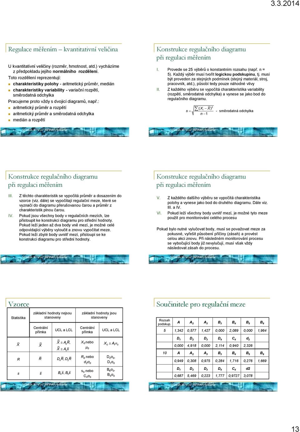 : aritmetický průměr a rozpětí aritmetický průměr a směrodatná odchylka medián a rozpětí Konstrukce regulačního diagramu při regulaci měřením I. Provede se 25 výběrů o konstantním rozsahu (např.