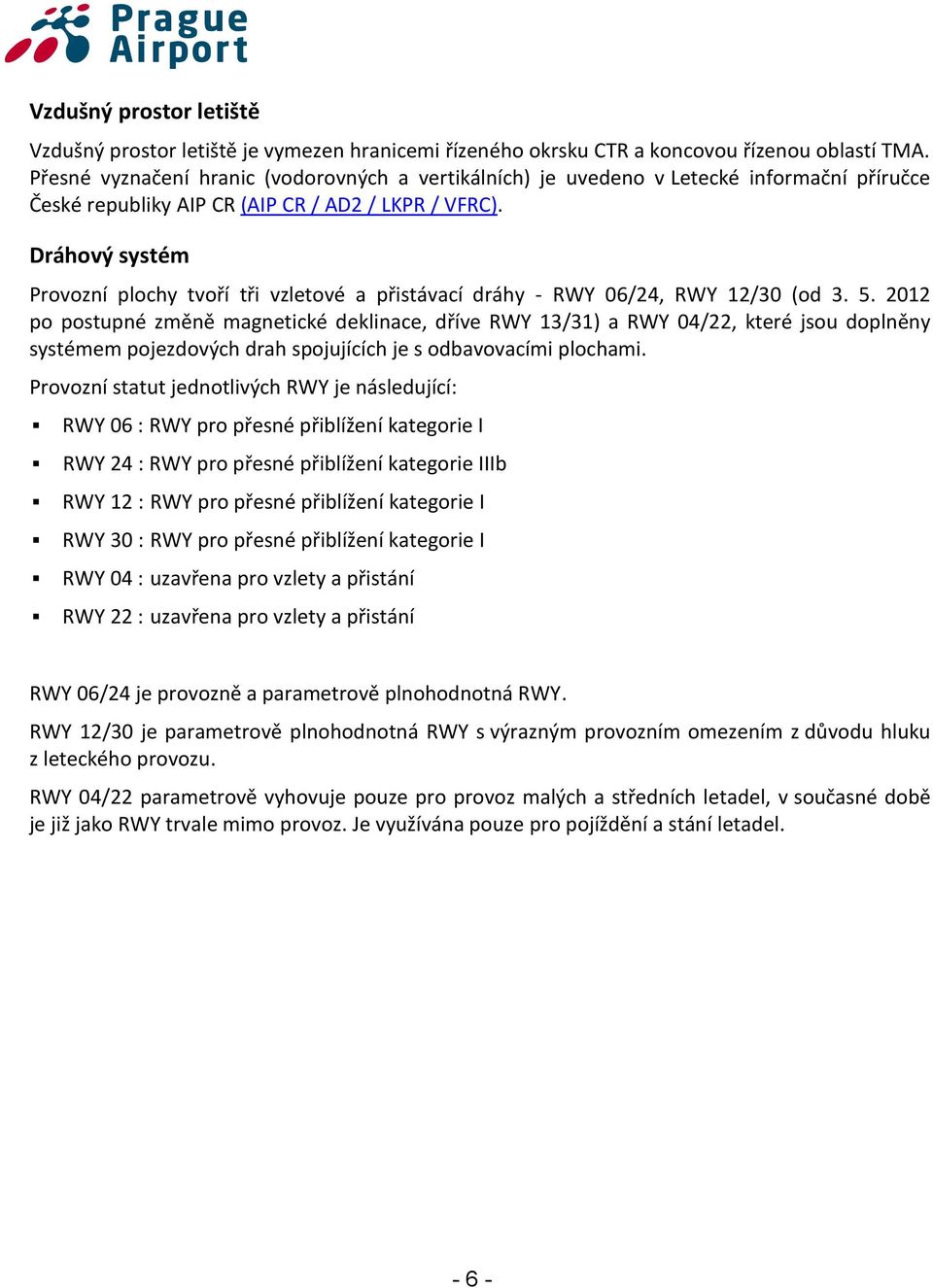 Dráhový systém Provozní plochy tvoří tři vzletové a přistávací dráhy - RWY 06/24, RWY 12/30 (od 3. 5.