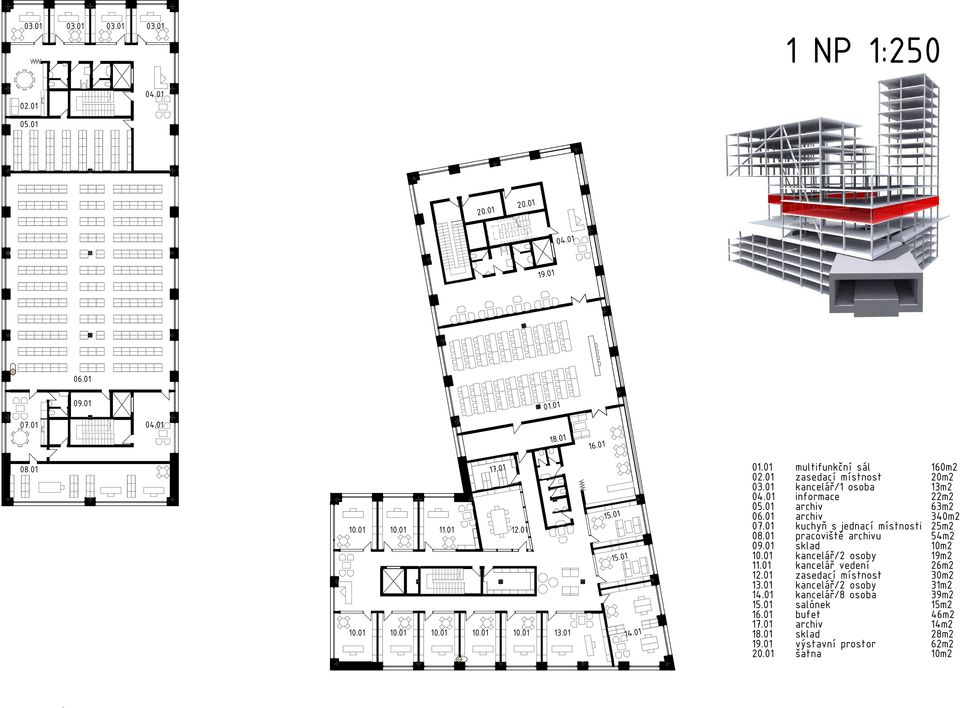 01 informace 22m2 05.01 archiv 63m2 06.01 archiv 340m2 07.01 kuchyň s jednací místnosti 25m2 08.01 pracoviště archivu 54m2 09.01 sklad 10m2 10.01 kancelář/2 osoby 19m2 11.