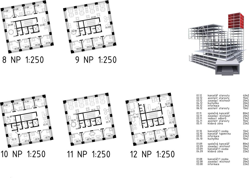 11 zasedací místnost 20m2 03.11 vedoucí odborů 27m2 04.11 asistent starosty 15m2 05.11 klidová zóna 22m2 02.10 01.10 01.10 01.10 04.11 03.11 04.11 06.12 06.12 06.12 06.12 10 NP 1:250 11 NP 1:250 12 NP 1:250 01.