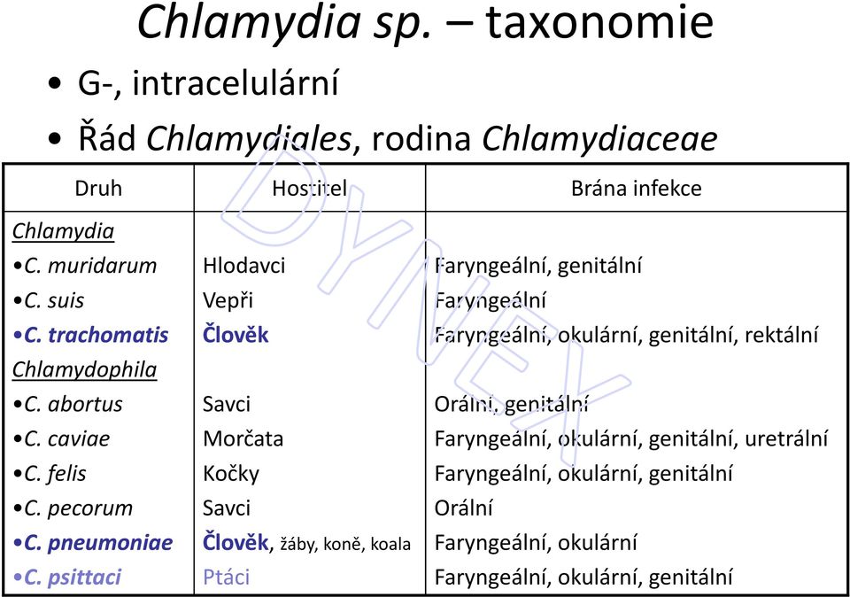 psittaci Hlodavci Vepři Člověk Savci Morčata Kočky Savci Člověk, žáby, koně, koala Ptáci Faryngeální, genitální Faryngeální Faryngeální,