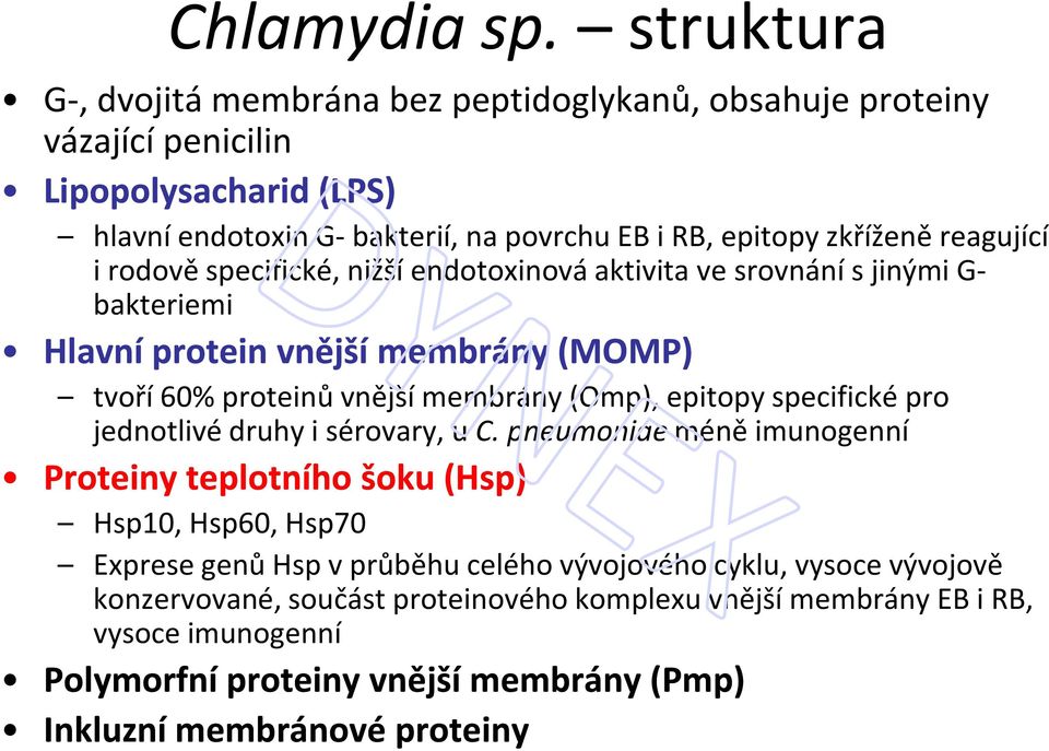 reagující i rodově specifické, nižší endotoxinová aktivita ve srovnání s jinými G- bakteriemi Hlavní protein vnější membrány (MOMP) tvoří 60% proteinů vnější membrány (Omp), epitopy