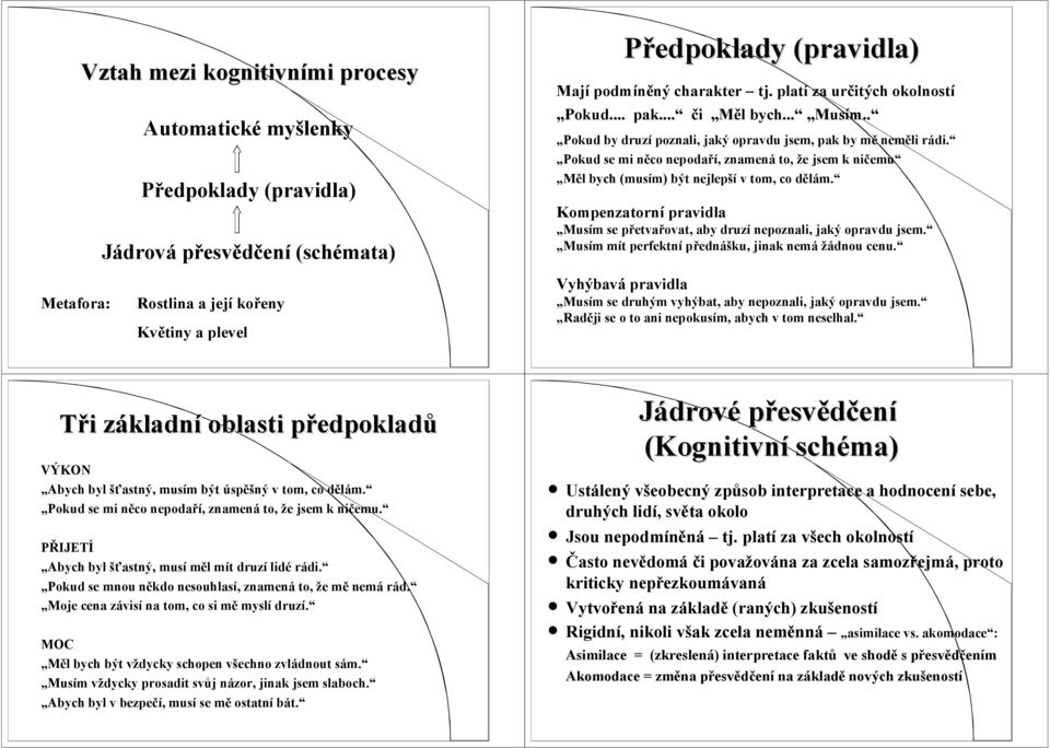 Pokud se mi něco nepodaří, znamená to, že jsem k ničemu Měl bych (musím) být nejlepší v tom, co dělám. Kompenzatorní pravidla Musím se přetvařovat, aby druzí nepoznali, jaký opravdu jsem.