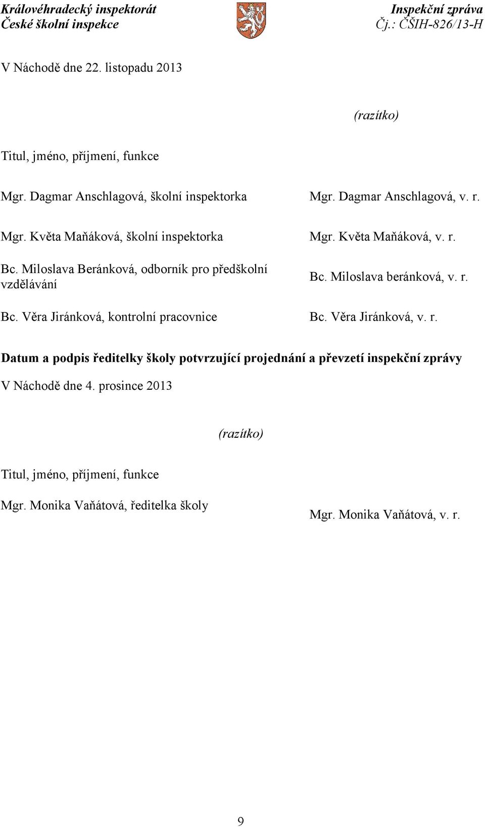 Miloslava beránková, v. r. Bc. Věra Jiránková, kontrolní pracovnice Bc. Věra Jiránková, v. r. Datum a podpis ředitelky školy potvrzující projednání a převzetí inspekční zprávy V Náchodě dne 4.