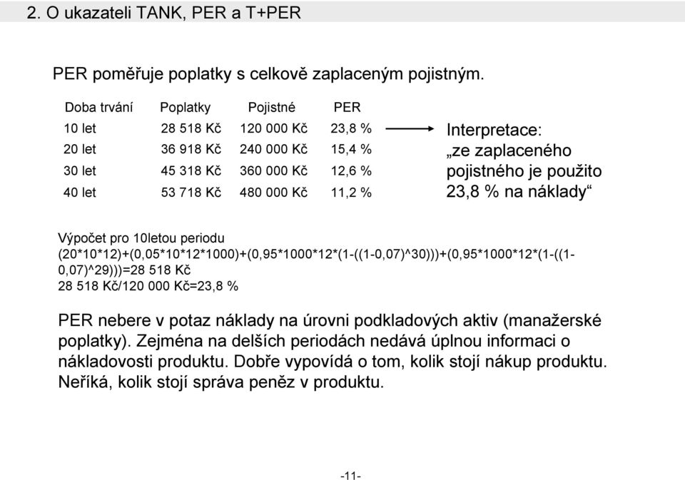 Interpretace: ze zaplaceného pojistného je použito 23,8 % na náklady Výpočet pro 10letou periodu